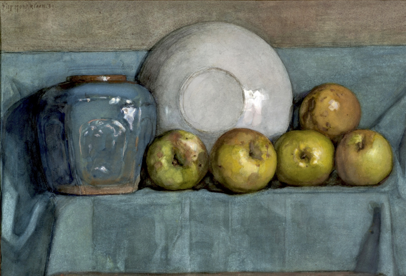 Appels, gemberpot en bord op een richel