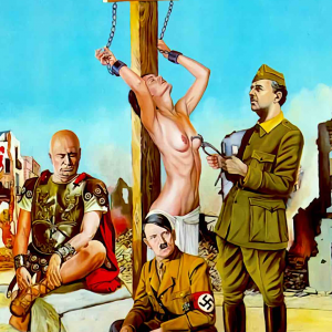 Alegoría de Musolini, Hitler y Franco torturando a la opinión pública