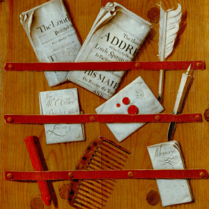 A Trompe l’Oeil of Newspapers, Letters and Writing Implements on a Wooden Board