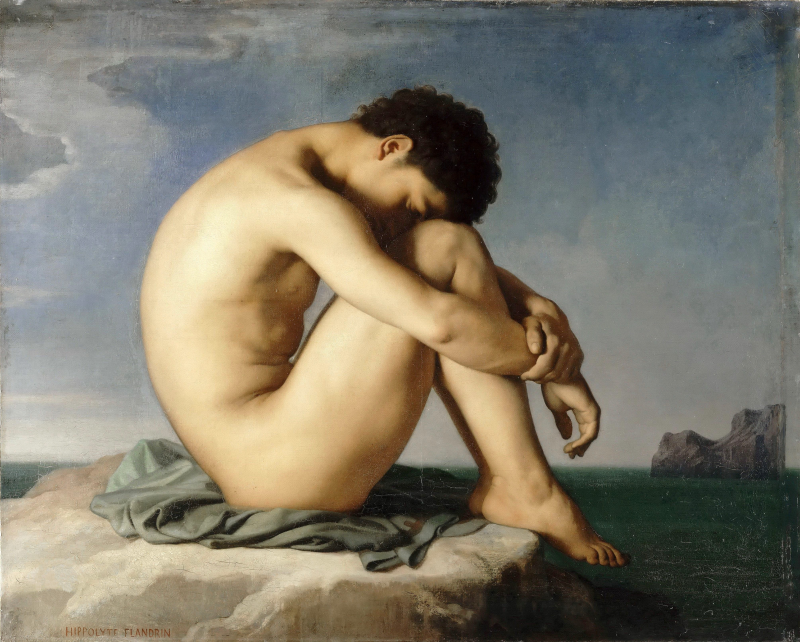 Jeune homme nu assis au bord de la mer