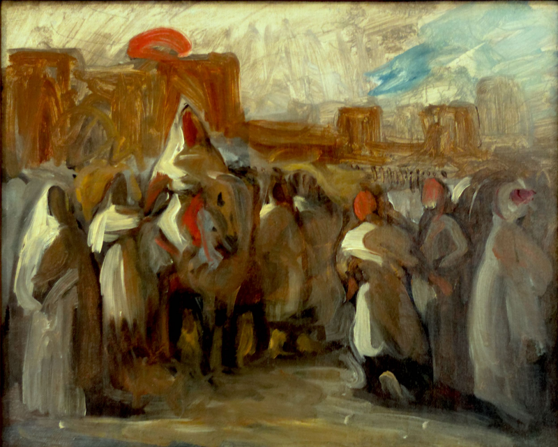 Esquisse pour le tableau Moulay Abd-er-Rahmane, sultan du Maroc, sortant de son palais de Méquinez, entouré de sa garde et de ses principaux officiers.