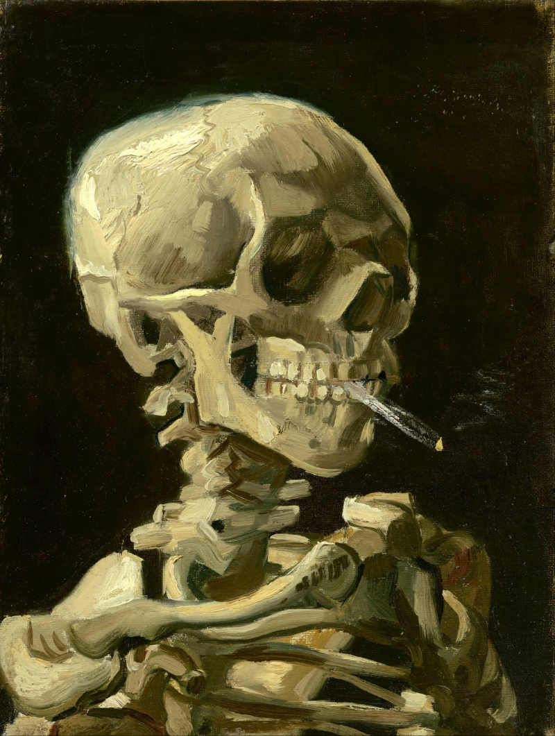 Kop van een skelet met brandende sigaret